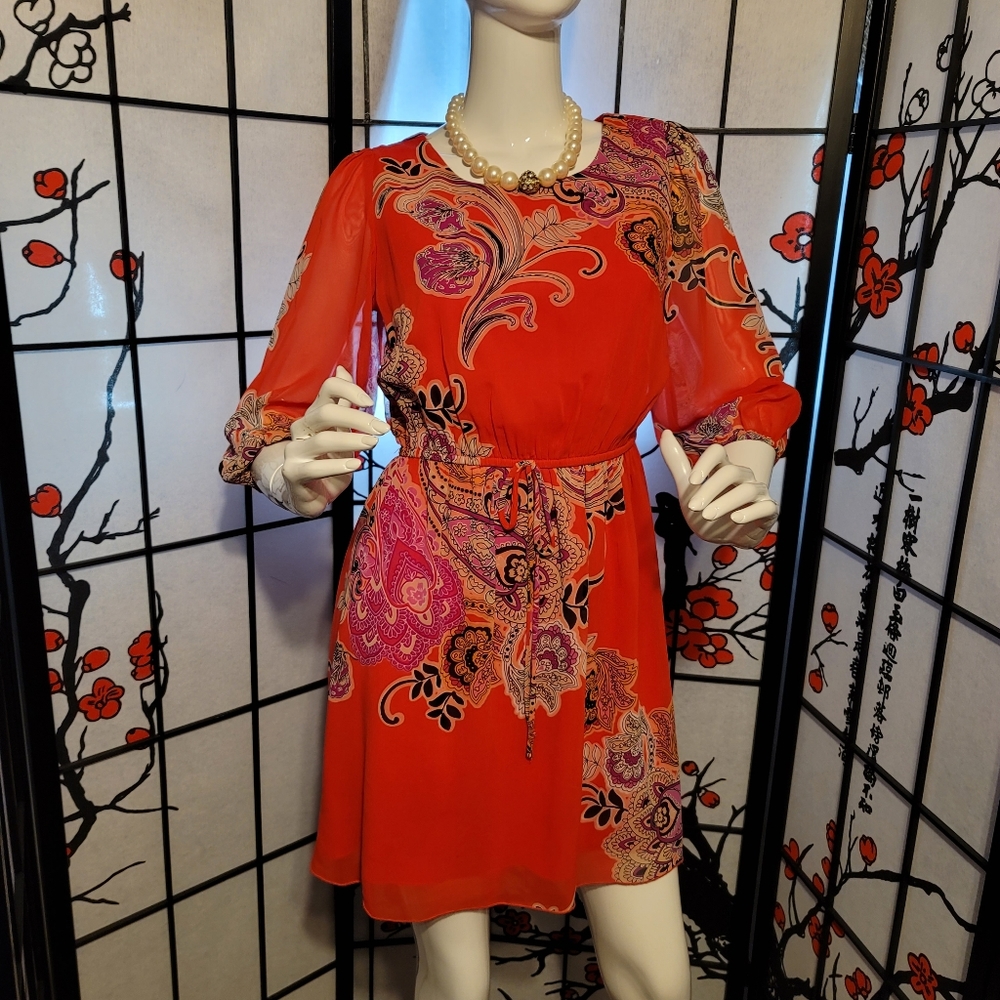 ENFOCUS STUDIO LADIES SHEER BLOUSON PAISLEY DRESS/ORANGE PAISLEY ART/SIZE 6P - Picture 2 of 12